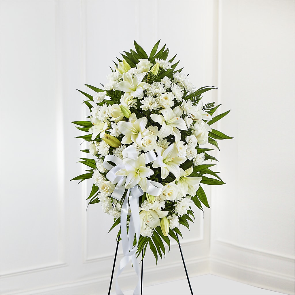 Exquisite Tribute Standing Spray-White Ribbon – San Diego Finest Florist, San Diego CA